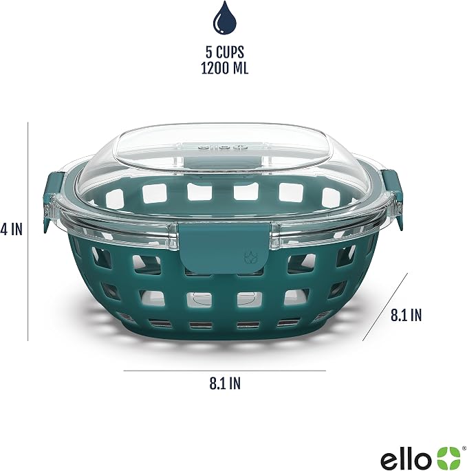 Ello DuraGlass Food Storage Glass Lunch Bowl Container - Meal Prep Container with Silicone Sleeve and Airtight Lid, 5 Cup, Teal | Leakproof glass meal prep salad bowl. BPA-free lid, silicone sleeves, great for meal prepping, food storage, and leftovers.