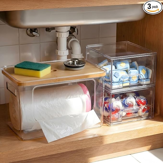 Hudgan Under Sink Organizers 3 in 1, Stackable Acrylic Bathroom Storage, Trash Bag Dispenser and Dishwasher Pods Holder for Kitchen and Laundry Room Organization