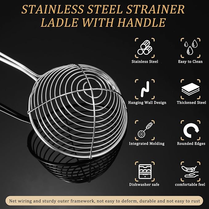Geiserailie 4 Pieces Hot Pot Kit Strainer Scoops Stainless Steel 2.5 Inch Mini Spider Strainer Skimmer Pasta Mesh Spoon Asian Skimmer Spoon Ladle with Handle for Home (Black)