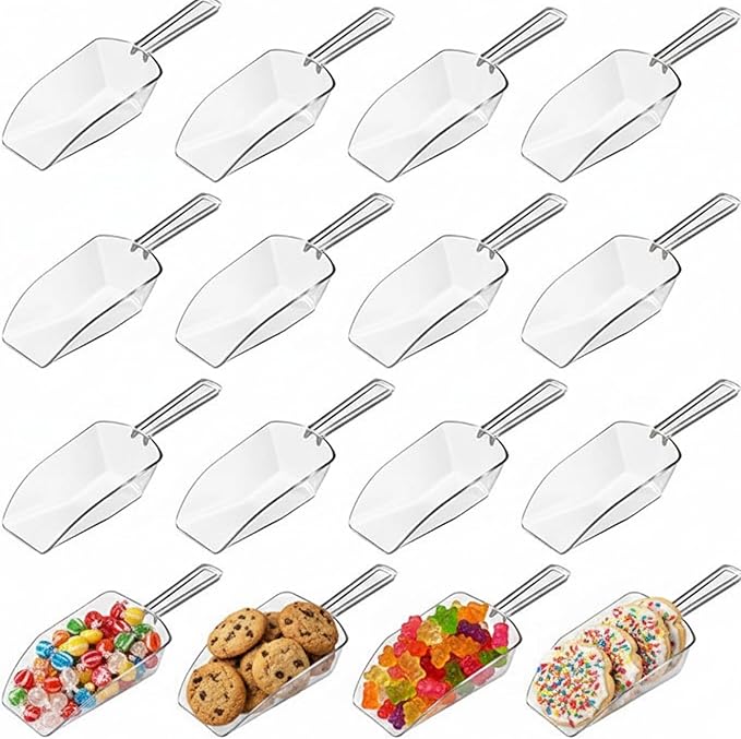 Hestya 16 Pcs Multi Purpose Clear Plastic Scoops for Candy Buffet Acrylic Kitchen Ice Food Popcorn Scoops for Protein Powders, Ice Cream, Coffee, Tea Jar (6.69 Inch)
