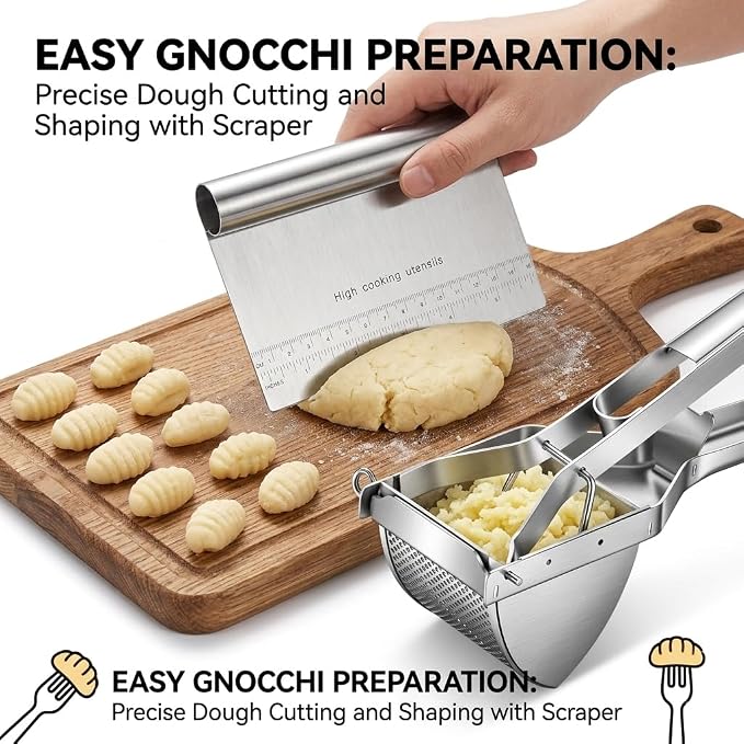 Stainless Steel Potato Ricer with Dough Scraper - Masher for Mashed Potatoes, Gnocchi & Fruit - Dishwasher Safe