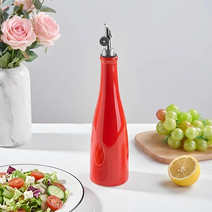 YOLIFE Olive Oil Dispenser Bottle, 17oz/500ml Ceramic Oil Bottle (Red) | Oil Dispenser with Gravity Spout, Leak Proof EVOO Dispensing Bottle with 2 Spouts and 1 Funnel for Vinegar, Kitchen