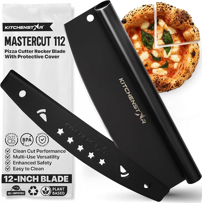 12-Inch Pizza Cutter Rocker Blade, 304 Stainless Steel Slicer Knife, Black | Protective cover included, one-piece design, food-grade stainless steel, suitable for small pizzas