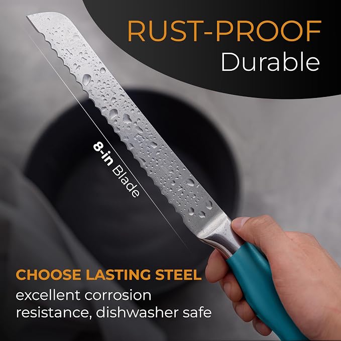Orblue Serrated Bread Knife Ultra-Sharp Stainless Steel Professional Grade Bread Cutter - Cuts Thick Loaves Effortlessly - (8-Inch Blade with 5-Inch Handle), Blue