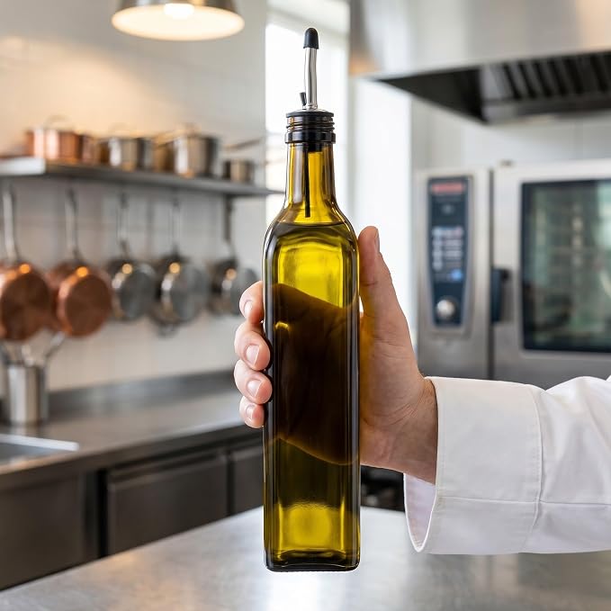 Restaurantware-Chef 101 16.9 Ounce Olive Oil Dispenser, 1 Kitchen Oil Dispenser Bottle - With Stainless Steel Pourer, Non-Leaking, Amber Glass Pourer, For Cooking Or Salad Dressings