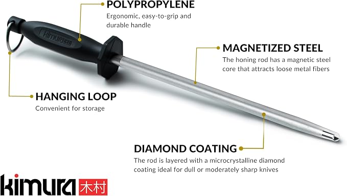 Kimura Professional Diamond Honing Steel, 10 inch Honing Rod, Diamond Knife Sharpener, Magnetized Steel, Ergonomic & Balanced Polypropylene Handle, Ideal for All Chef Knives, Japanese Gift Box