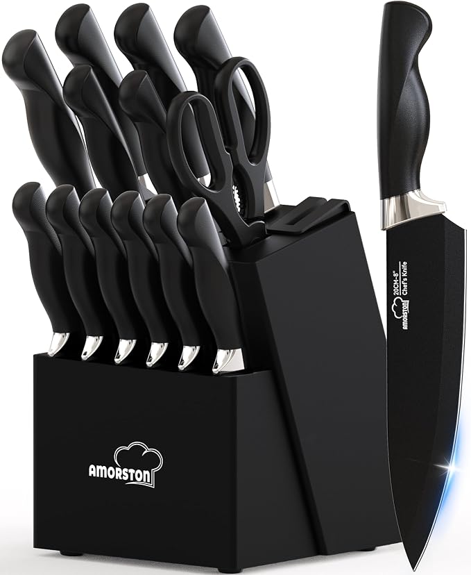 Amorston Knife Set, 15 Piece Kitchen Knife Set with Block and Built in Sharpener, German Stainless Steel Dishwasher Safe Knife Block Set, Black Kitchen Knives Set for Home Cooking
