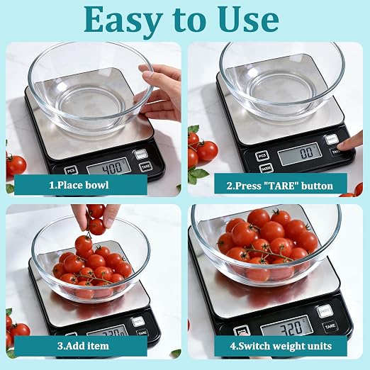 Digital Food Scale 11lb/5kg, Waterproof Kitchen Scale, Tare Function and 2 Power Options with Batteries, Stainless Steel Gram Scale for Cooking and Baking
