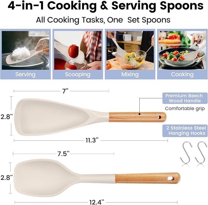 Large Silicone Cooking Spoons Set, 2 Pcs Heat Resistant Serving Spoon, Multifunction Nonstick Spatula Spoon, Kitchen Cucharras de Silicona for Mixing, Stiring, Basting, Scooping, Scraping