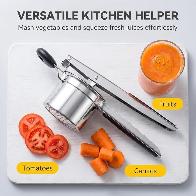 Stainless Steel Potato Ricer, Deep Bowl Potato Masher with Non-Slip Silicone Handle, Easy-Clean Durable Multi-Purpose Mashed Potato Ricer for Potatoes, Tomatoes and Soft Fruits(PR-01)