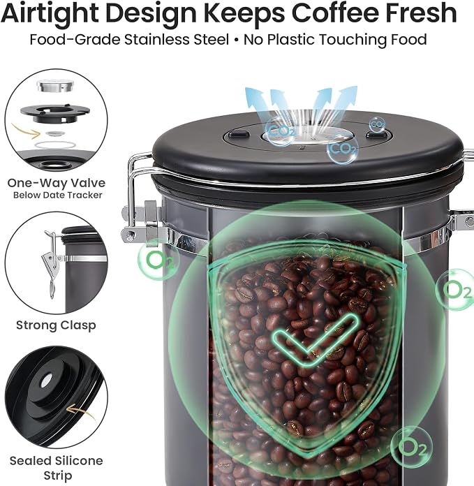 Veken Coffee Canister, Airtight Stainless Steel Food Storage Container,16OZ | Date Tracker, Kitchen Jars for Beans,Ground, Espresso, Rice,Tea, Sugar,Cereal,Cookie, Bar Accessories,Gifts, Lids, Scoop,Gray