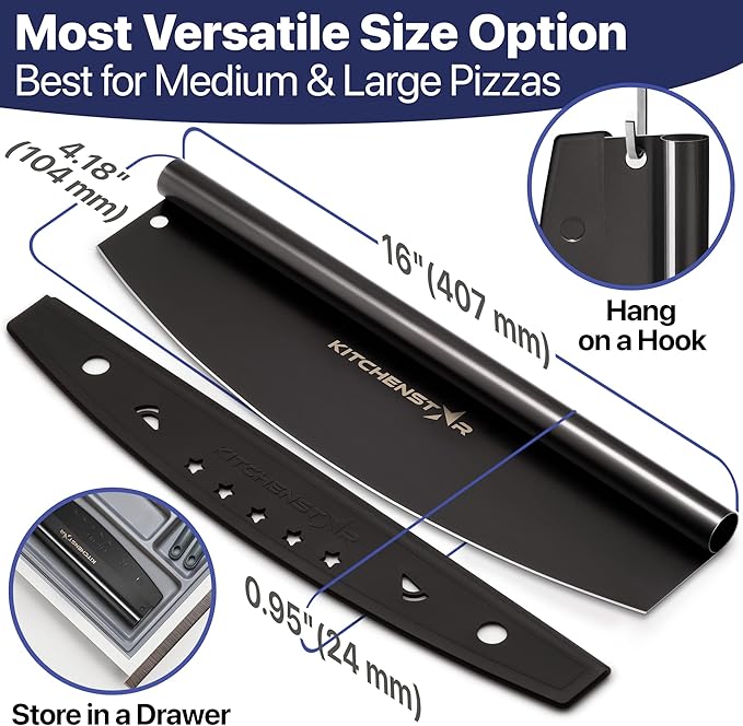 16-Inch Pizza Cutter Rocker Blade, 304 Stainless Steel Slicer Knife, Black | Protective cover included, one-piece design, food-grade stainless steel, suitable for large pizzas