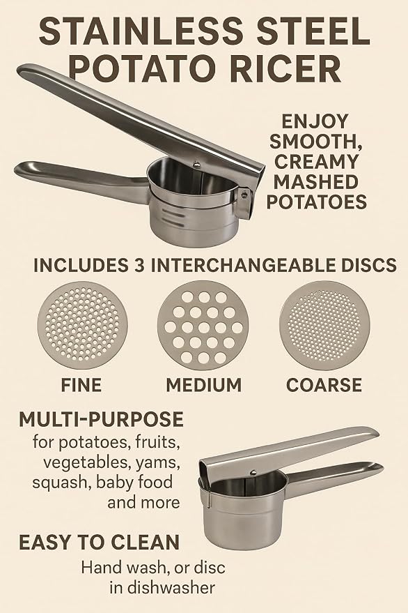 Stainless Steel Potato Ricer with 3 Interchangeable Discs – Manual Press for Mashed Potatoes, Vegetables, Fruits, Cauliflower, Squash & Baby Food