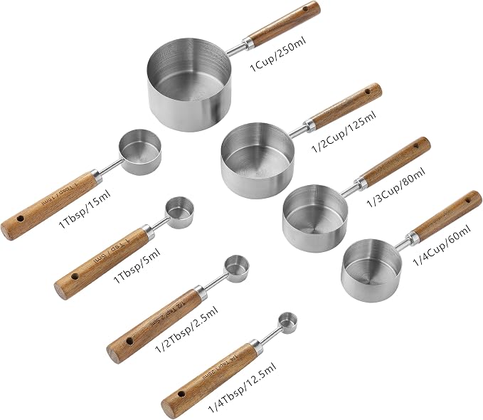 Measuring Cups and Spoons Set, Stainless Steel Metal measuring Cups with Wooden Handles, Great for Dry and Liquid Ingredients, Engraved Metric Markings, Nesting Design for Baking