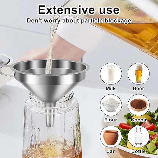 2027 Stainless Steel Filter Funnel,7 Pack Funnel Set | 4 Sizes 2.2-5.9 Inches Food Grade 304 Metal Kitchen Funnels with 3 Fine Mesh Strainers for Filling Bottles, Canning, Oil
