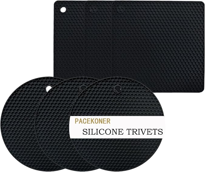 6-Pack Silicone Trivet Mats, Heat Resistant Hot Pads, Dishwasher Safe Kitchen Mats, BPA-Free Pot Holders for Table, Countertop, Stove, Honeycomb Design (Black, 7” Square/Round)