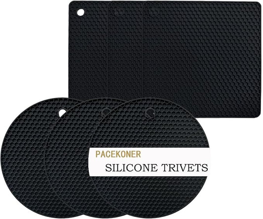 6-Pack Silicone Trivet Mats, Heat Resistant Hot Pads, Dishwasher Safe Kitchen Mats, BPA-Free Pot Holders for Table, Countertop, Stove, Honeycomb Design (Black, 7” Square/Round)