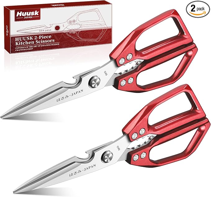 Kitchen Scissors Set Red - Japanese Kitchen Shears, Heavy Duty Poultry Shears, Sharp Meat Scissors for Food, Chicken Bones, and Turkey, Gifts for Women Men