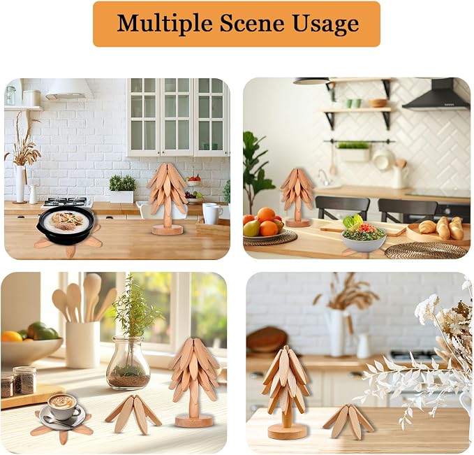Thick&Thin Trivets for Hot Dishes, 4 Wooden Tree Hot Pads Auto Foldable Coasters, Protecting The Kitchen Table Suitable for Hot Dishes, Pots, Bowls, Teapots, Hot Pot Racks