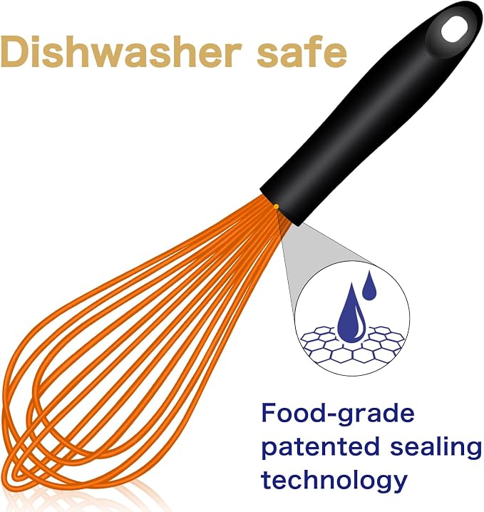 OYV Dishwasher Safe Orange Silicone Whisk, Sealed Waterproof Design Set of 3, Professional Kitchen Whisks for Cooking Non-Scratch, Silicone&Stainless Steel Whisk, Heat Resistant Plastic wisk, BPA free