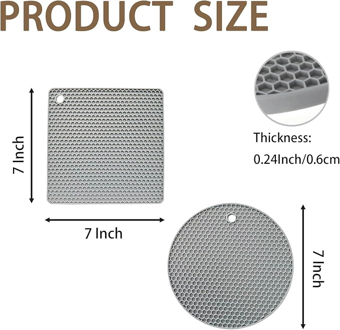 6-Pack Silicone Trivet Mats, Heat Resistant Hot Pads, Dishwasher Safe Kitchen Mats, BPA-Free Pot Holders for Table, Countertop, Stove, Honeycomb Design (Grey, 7” Square/Round)