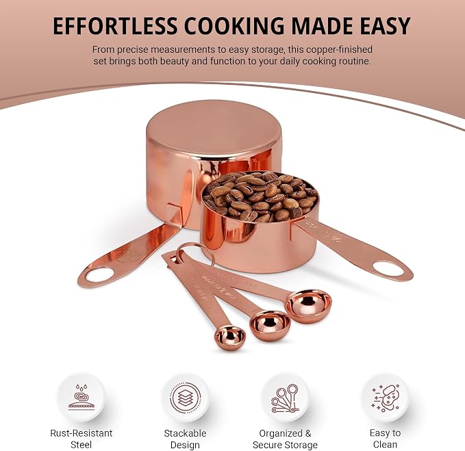 Copper Measuring Cups and Spoons Set - 9-Piece Food-Grade Stainless Steel Measuring Set with 2 Storage Rings for Heavy Duty Cooking & Baking, Rose Gold