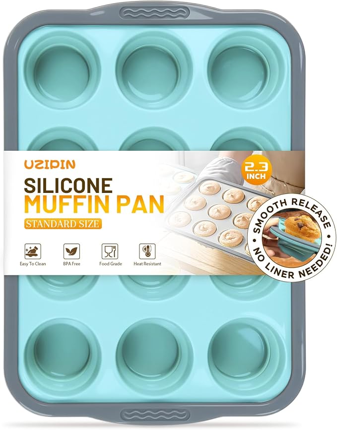 Silicone Muffin Pan, 12 Cups Non-Stick Cupcake Pan, Food-Grade BPA-Free Muffin Tin, Oven-Safe 450 °F, Reinforced Steel Frame, Easy-Grab Handles, Quick-Release 2.3" Baking Molds for Mini Treats