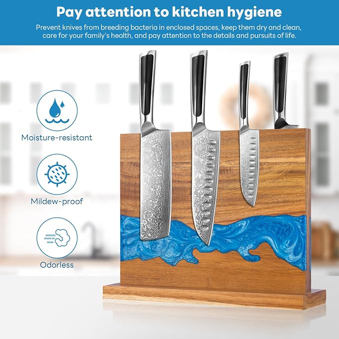 magnetic knife holder - Acacia wood Magnetic Knife Block, Magnetic Knife Storage with double-sided magnetic, blue resin river, 12.59 × 9.84 inches (Without knife)