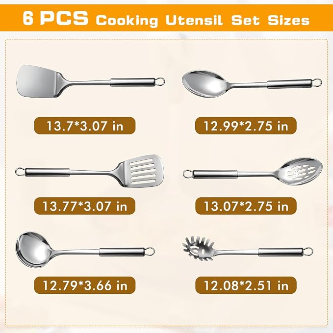 6 Pcs Cooking Utensils Set, Stainless Steel Kitchen Utensils, Heat Resistant Metal Kitchen Tools Include Solid & Slotted Turner Wok Spatula, Serving Spoon, Ladle, Pasta Server, Easy to Clean, Silver