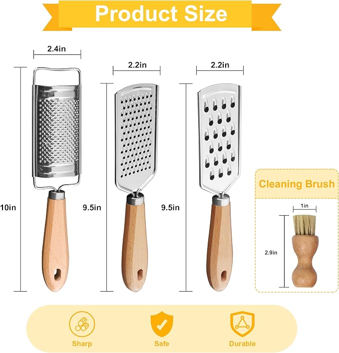 Handheld Cheese Graters with Cleaning Brush Stainless Steel Vegetable Grater with Wood Handle Multifunctional Kitchen Food Shredder for Chocolate Butter Nuts Ginger (Wooden Handle) By beardo decor