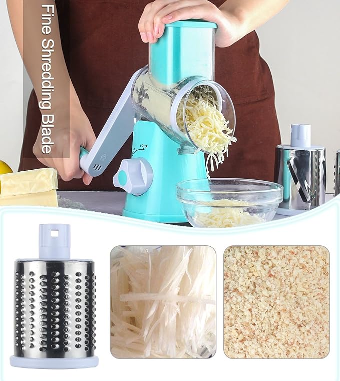 Ourokhome Rotary Cheese Grater Shredder and Hamburger Meat Chopper Stirrer, Round Food Slicer with 3 Drum Blades and Ground Beef Meat Breaker with Heat Resistant 5 Curved Blades