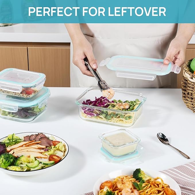 Vtopmart 8 Pack Glass Food Storage Containers with Airtight Lids | Meal Prep Lunch Containers, Leakproof, Leftover Storage, Take-out, Microwave, Oven, Freezer and Dishwasher Safe, BPA Free