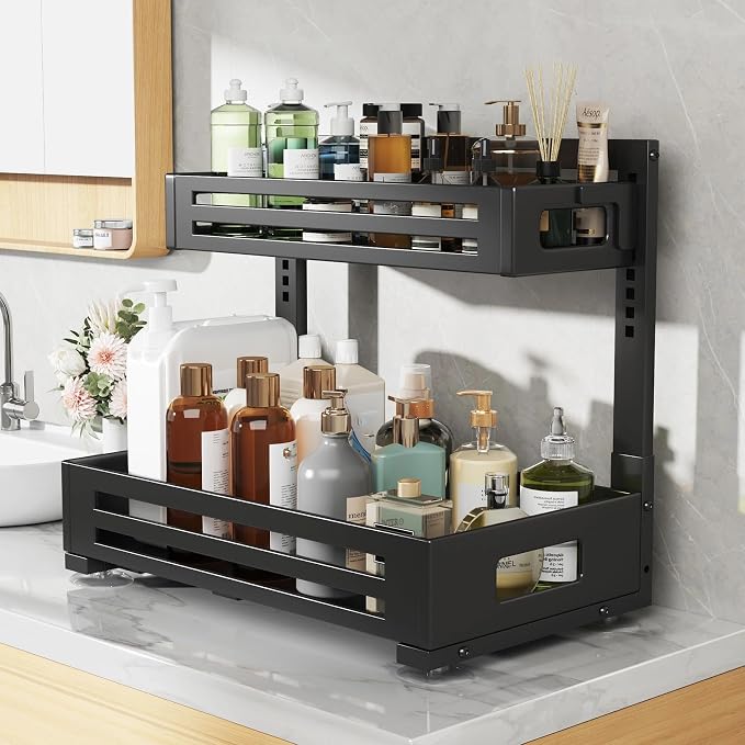 2 Pack 17IN-Depth Under Sink Organizer,Pull Out Cabinet Organizer With Smooth Cylindrical Rail,Metal Slide Out Drawer for Kitchen Bathroom Laundry,8-Level Tool Free Height Adjustable-Black