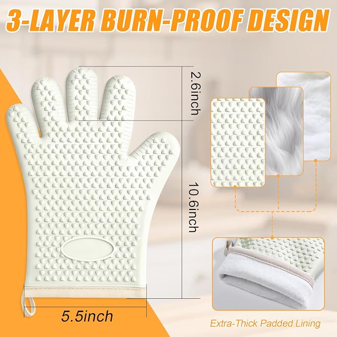 2Pack Heat Resistant Oven Mitts for Grilling and Baking, Non-Slip Silicone Gloves, Waterproof Kitchen Mitts with Flexible Fit & Easy to Clean Design, White