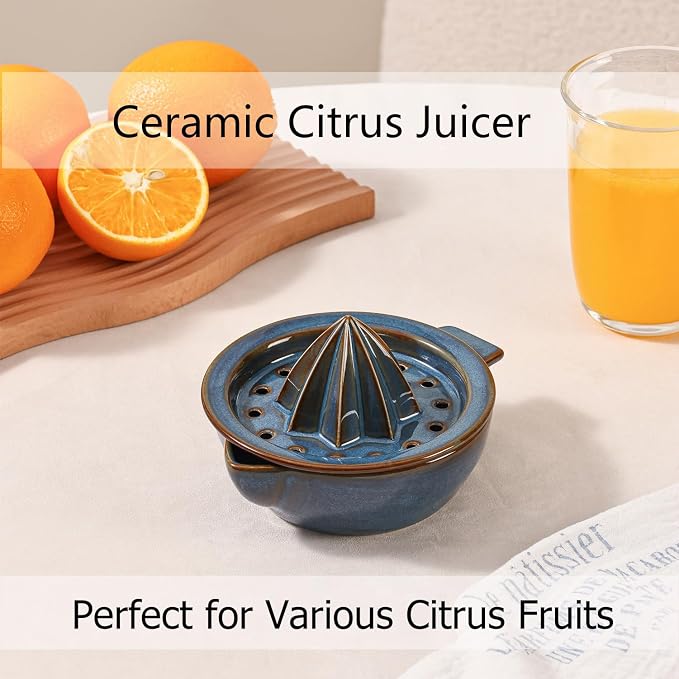 Ceramic Citrus Lemon Orange Juicer Manual Squeezer, Hand Juicer Reamer Rotation Press with 6.8oz Bowl, Strainer Lid, Spout, Handle, Dishwasher Safe, Easy to Clean