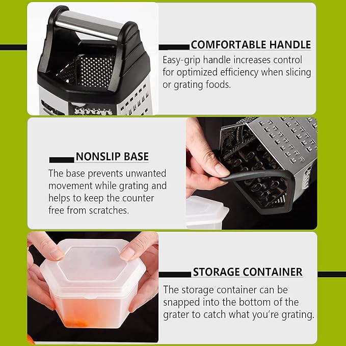 Box Grater, Cheese Grater Shredder Stainless Steel with 6 Sides, Best for Parmesan Cheese, Vegetables, Potatoes, Carrot, Ginger, Mandoline Vegetable Slicer with Detachable Container, Silver