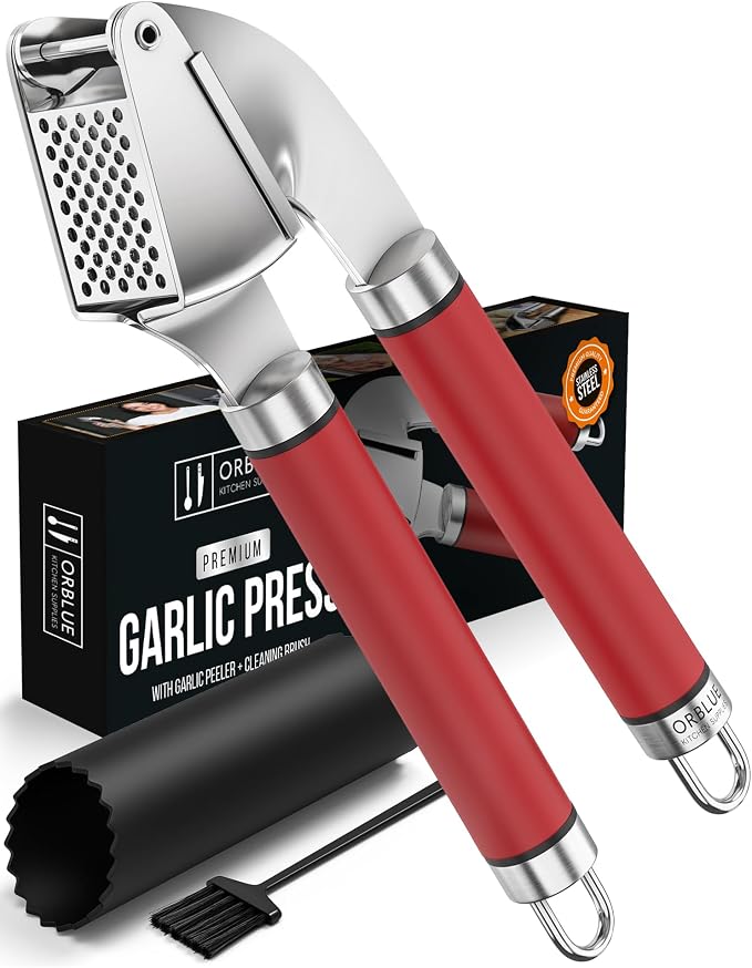 ORBLUE Garlic Press and Peeler Set, Stainless Steel - Professional Grade Mincer, Crusher - Dishwasher Safe & Rust-proof, Red