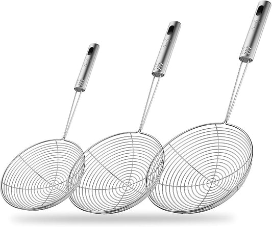 Swify Spider Strainer Set of 3 Asian Strainer Ladle Stainless Steel Wire Skimmer Spoon with Handle for Kitchen Frying Food, Pasta, Spaghetti, Noodle-4.3", 5", 5.7"
