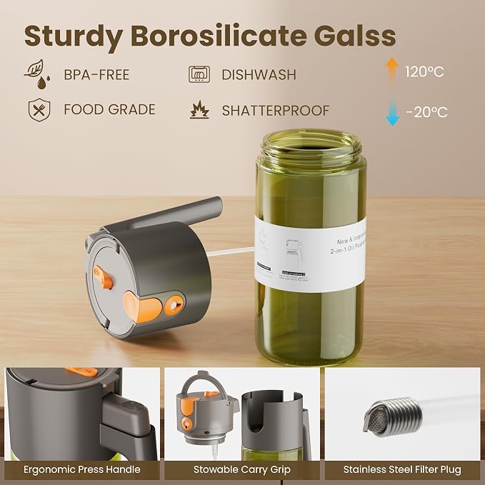 LAKUMIQI 2 in 1 Oil Sprayer for Cooking, 17oz | Light-Blocking Glass Spray Bottle with Stickers, Oil Dispenser for Salad, Air Fryer & BBQ