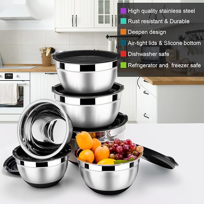 LIANYU Nesting Mixing Bowls Set of 6, Size 7, 3.5, 2.5, 2, 1.5, 1QT | Stainless Steel Large Metal Bowls with Airtight Lids, Ideal for Baking Cooking Food Storage, Non-slip Bottom, Black
