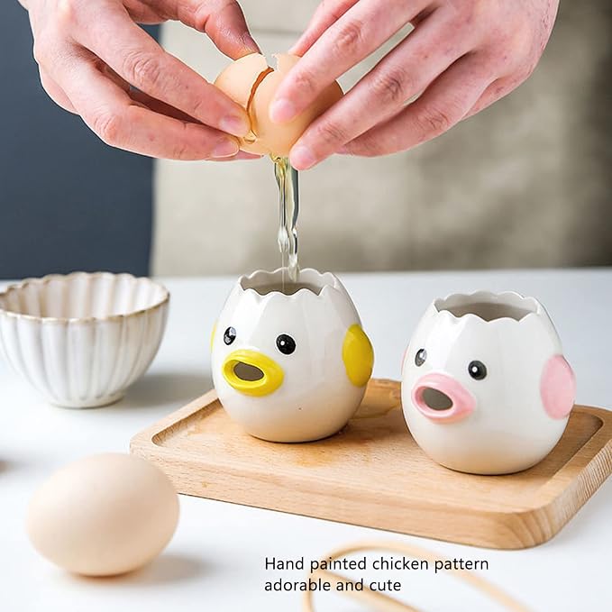 2Pcs Ceramic Egg Separator Set, Chicken-Shaped Yolk & White Divider | Pink/Yellow｜Serrated Edge Design｜Baking/Cooking Use｜Mess-Free Separation｜Dishwasher Safe｜Compact Storage｜Fun Kitchen Gadget
