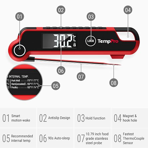 TempPro TP620 Instant Read Meat Thermometer Digital, Cooking Thermometer with Large Auto-Rotating LCD Display, Waterproof Food Thermometer Digital for Kitchen, BBQ, or Grill (Previously ThermoPro)