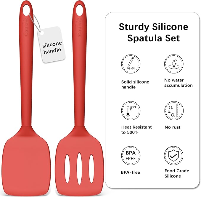 Coukre 2 Pack Silicone Spatula Set, High Heat Resistant, BPA Free Kitchen Spatula, Solid & Slotted Turner for Non-Stick Pans, Sautéing, and Flipping (2, SolidRed)