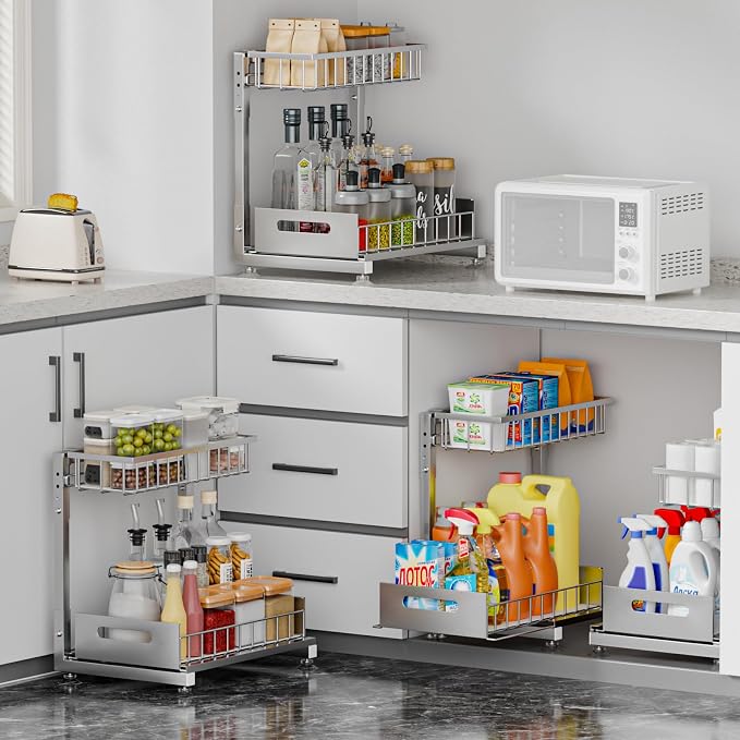 L-Shaped Under Sink Organizer, 2-Tier Pull-out Cabinet Rack 1-Pack | Grey Height-Adjustable Steel Rack, Sliding Grid Drawers with PP Liners, Holds 100 Lbs, Suction Base, Ideal Kitchen Storage