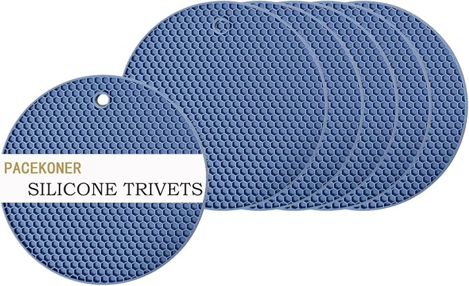 6-Pack Silicone Trivet Mats, Heat Resistant Hot Pads, Dishwasher Safe Kitchen Mats, BPA-Free Pot Holders for Table, Countertop, Stove, Honeycomb Design (Blue, 7“ Round)