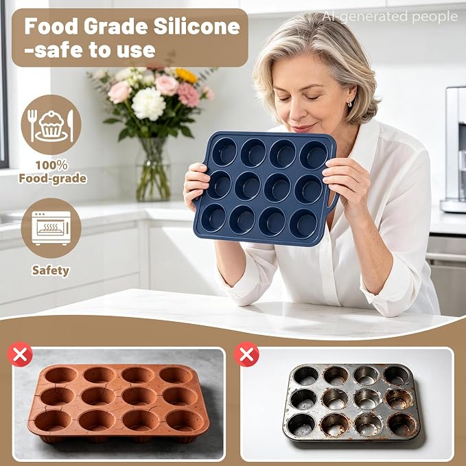 2 Pack Silicone Muffin Pan 12 and 24 Cup with Metal Frame,Non Stick Silicone Mini Cupcake Pan with Handles, BPA Free Silicon Regular Muffin Tin Tray Small for baking, egg bites, Mold Grey