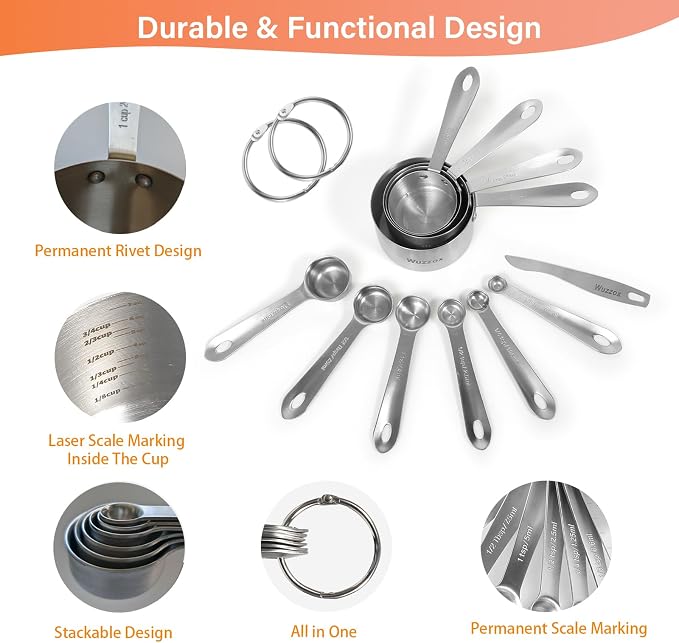 Stainless Steel Measuring Cups & Spoons Set of 11, Stackable Metal Measuring Cups & Spoons, Kitchen Gadgets for Cooking & Baking
