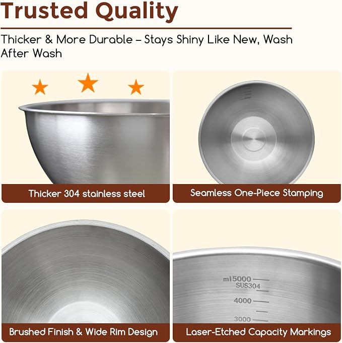 Gronivex Stainless Steel Mixing Bowls Set, 2-Piece (4.2 & 5.3 Qt) | Food-Grade Metal, Dishwasher Safety, Space-Saving – Extra-Large for Bread Dough, Whole Chicken & Big-Batch Cooking