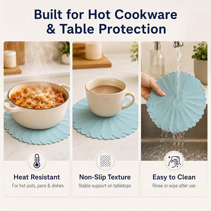 Heat-Resistant Silicone Trivet Mats, Non-Slip Hot Plate Holder for Kitchen Countertops & Dining Table, Reusable Pot Holder Pad with Secure Grip, Dishwasher Safe (Sea Sky Blue, Diameter: 30cm/11.81")