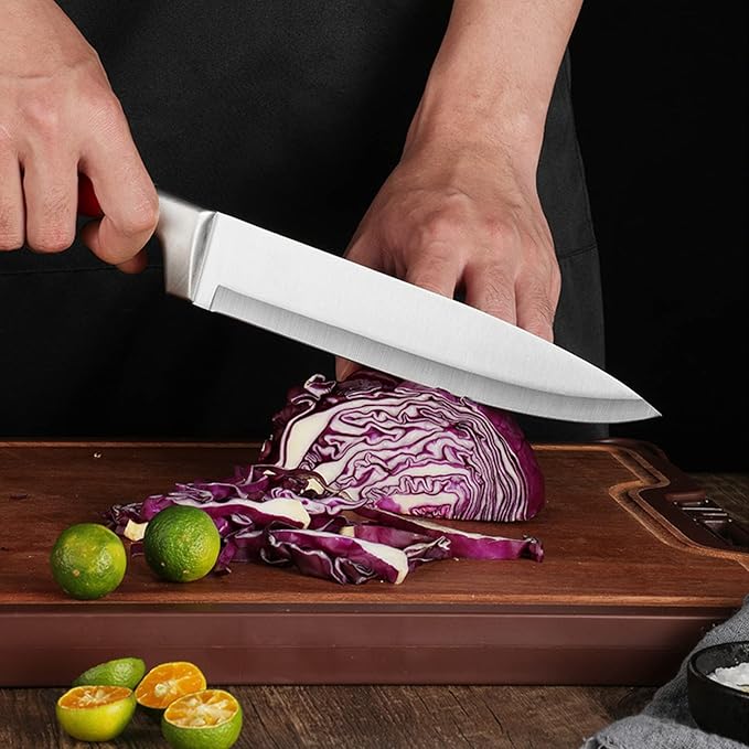Kitchen Knife Set, 9Pcs Red Knife Set with Rotation Block, Ergonomical Handle,Non Stick Sharp Stainless Steel Chef Knife Block Set for Home Cooking Gift